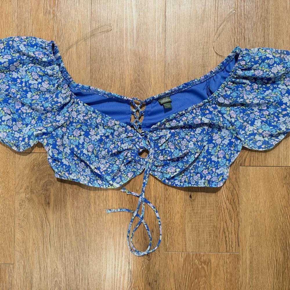 Wild Fable Blue Ruffled Crop Top with Tie Front